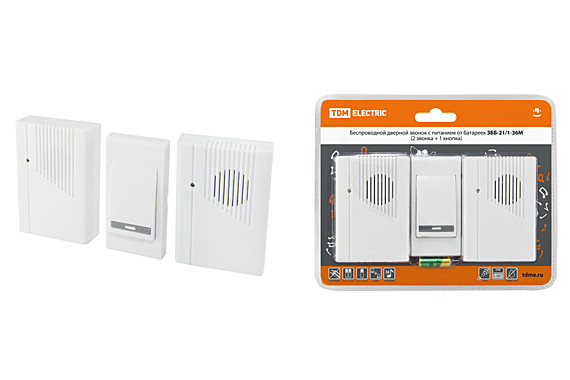 Звонок TDM беспроводной на батарейках ЗББ-21/1-36М (36мелодий, кнопка IP30, 2хR6, 2звонка)